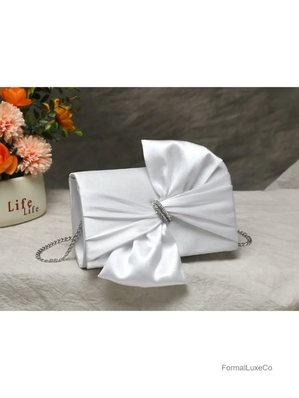 Satin Bow Flap Evening Clutch Rhinestone Prom Wedding Party Bag with Chain Strap
